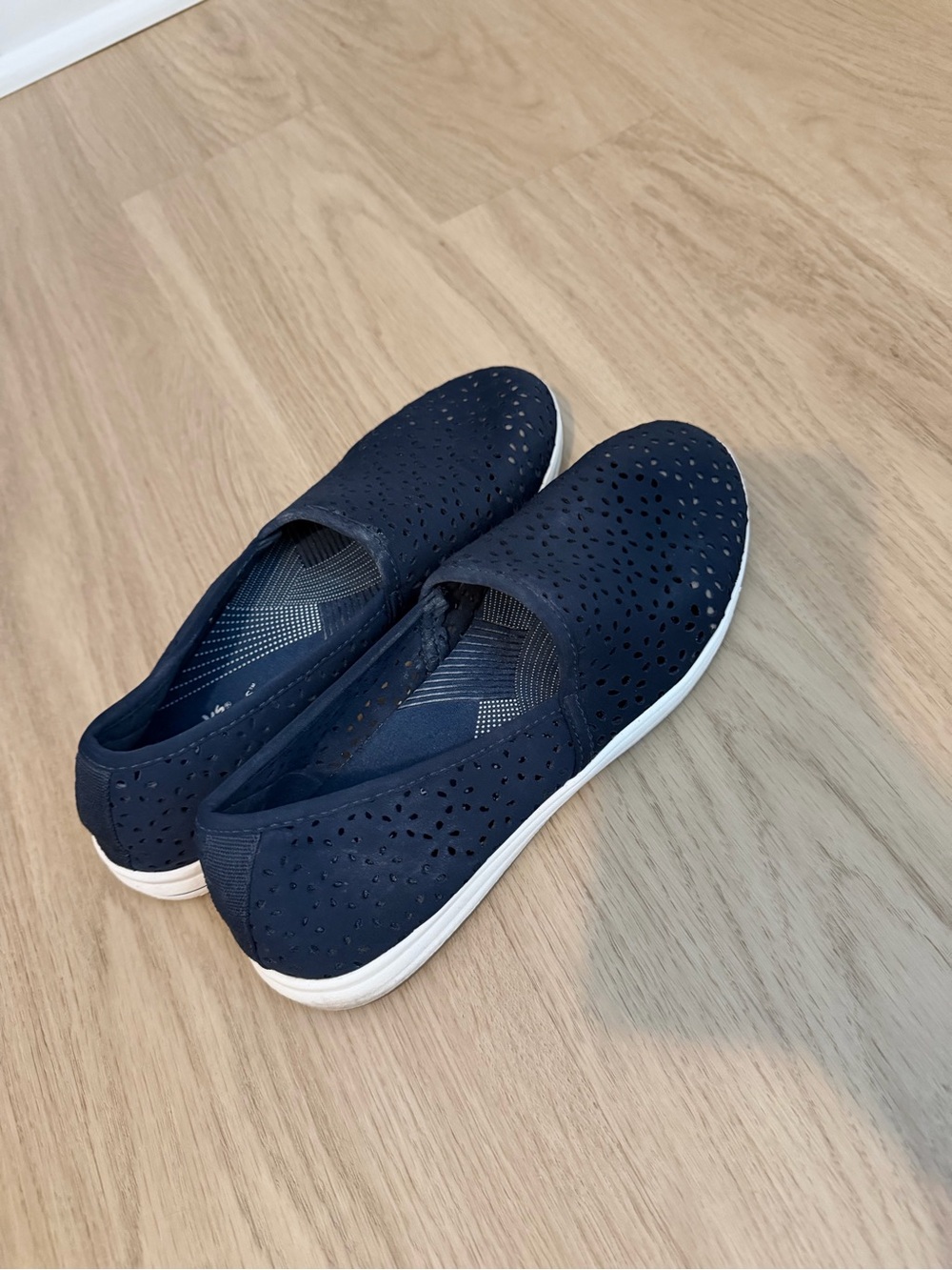 Cloudsteppers by Clarks Navy Perforated Slip-On Flats with White Sole